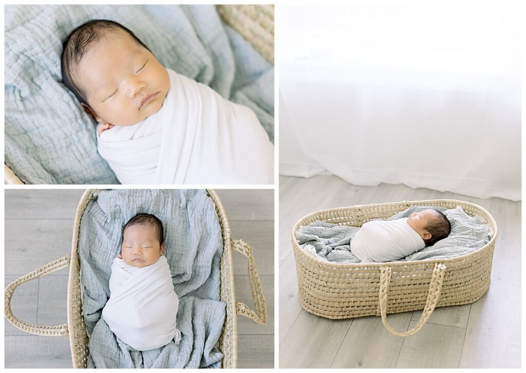 newborn baby boy in moses basket for professional baby pictures in philadelphia pa