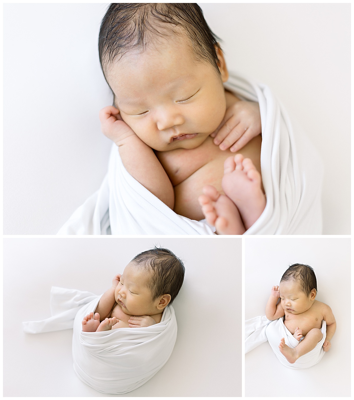 newborn baby swaddled in white blanket newborn photography session