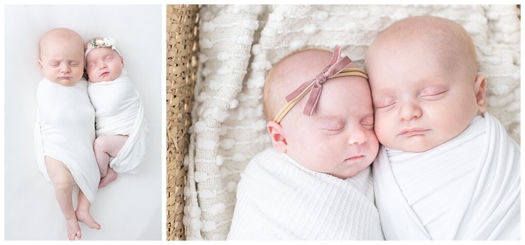 twin babies snuggled white wraps newborn photography