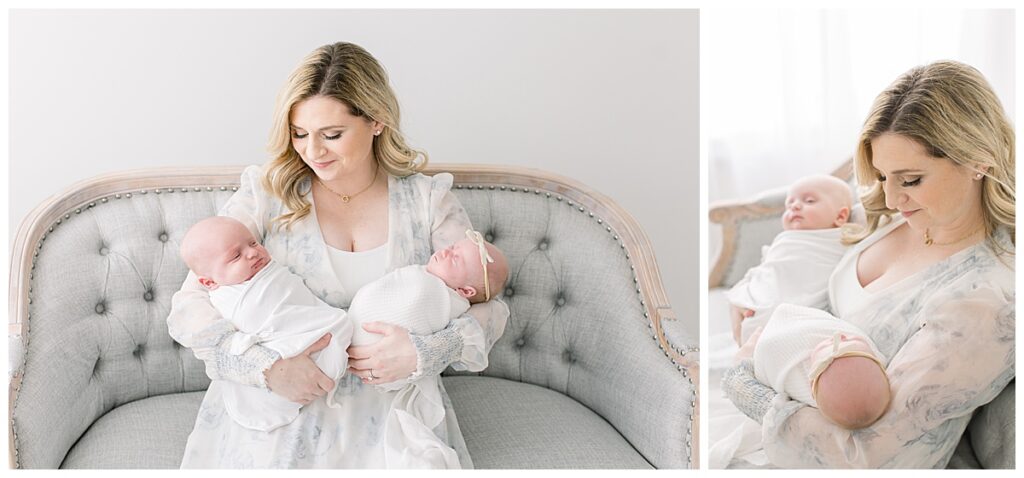 mom blue dress holding twin babies newborn session 