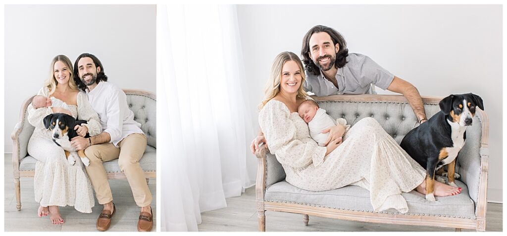 family newborn photos mom dad baby snuggled on couch 