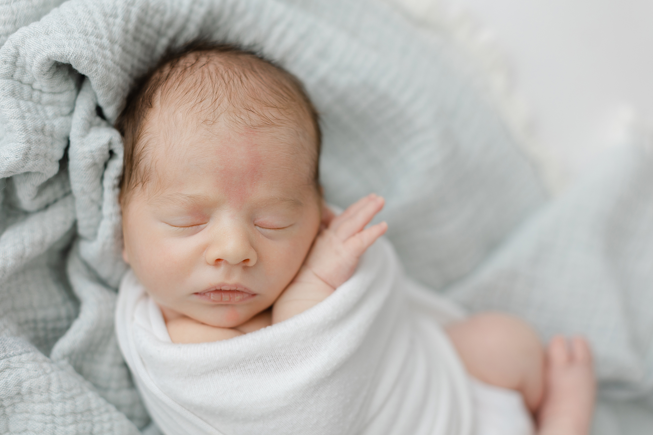 newborn in white swaddle and blue blanket philadelphia studio session